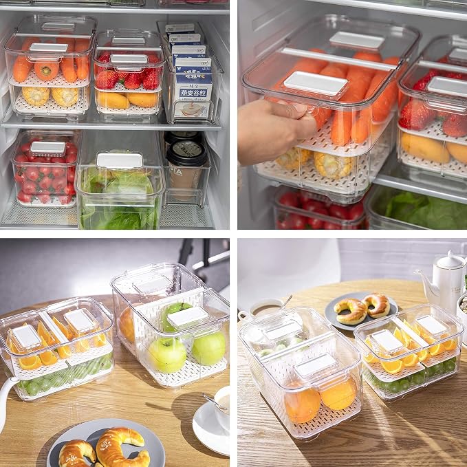 Produce Saver with Lids, 2 Piece Fruit Vegetable Storage Container with Vents Stackable Fridge Drawers Organizer Salad Lettuce Keeper For Refrigerator,Bpa-free Fresh Keeper,5.7L&2.8L - Image 5