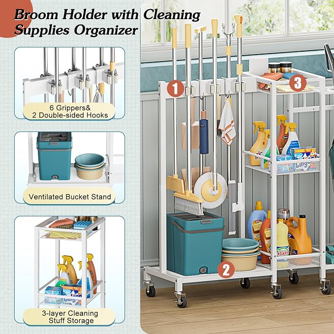 Broom Holder with Cleaning Supplies Organizer, Broom Closet Storage Cabinet with Cleaning Caddy Vacuum Stand, Cleaning Cart with Mop Hanger Gripper Rack Hook, Laundry Room Organization Home Essentials - Image 4