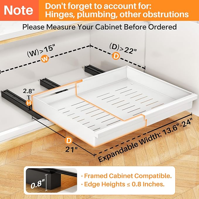 Pull out Cabinet Organizer, 1-Pack Expandable(13.6"-24") Silde out Drawers with Raising Pad for Framed Cabinets, Adjustable Full-Extension Adhesive Roll out Shelves for Kitchen Pantry Home Pot and Pan - Image 3