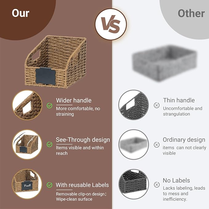 Wicker Baskets for Organizing, Pantry Baskets with Built-in Handles, Handwoven Wicker Storage Basket, Paper Storage Bins for Shelves, Small - 2pcs, Brown - Image 4