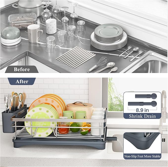 SAYZH Dish Drying Rack for Kitchen Counter with Utensil Holder, Silver | Stainless Steel, Large Capacity, Angled Drainboard, Rotating Spout, Removable to Clean - Image 6