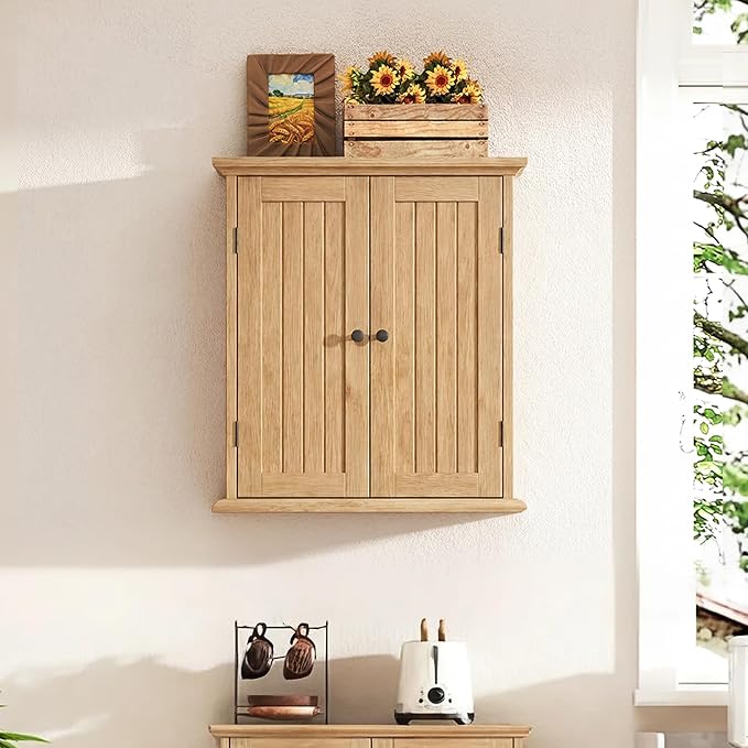 ChooChoo Bathroom Wall Cabinet with 2 Doors, Over The Toilet | 8.8"D x 21.1"W x 24"H, Medicine Cabinet, Adjustable Shelves, Cupboard, Natural - Image 2