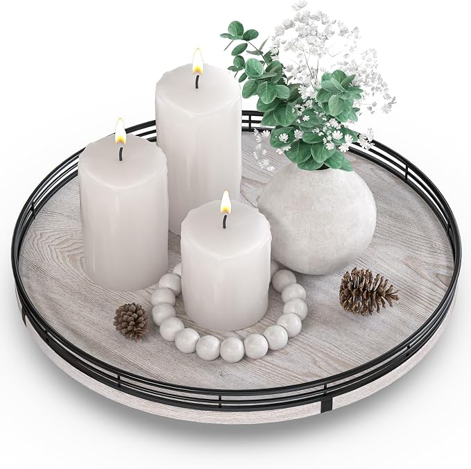 AMH 13-Inch Rustic Whitewashed Oak Lazy Susan Vanity Tray | Smooth rotating oak tray with walnut finish for dining tables, kitchen counters, pantries and cabinet storage. by AMH