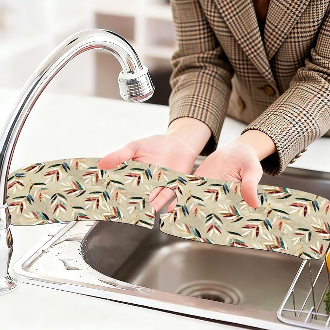 2 Pcs Kitchen Sink Splash Guard Faucet Mat Artistic Leaves Faucet Mat for Sinks Leaves Pattern Absorbing Drying Mats for Kitchen Bathroom, 23.6x5.5inch - Image 6