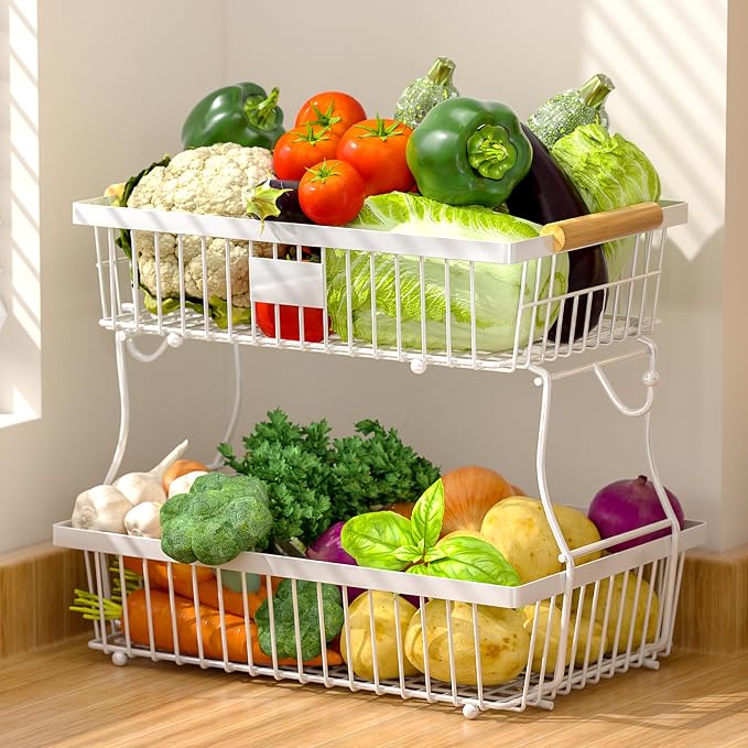 2 Tier Fruit Basket for Kitchen Counter with 2 Banana Hangers, Countertop Metal Bread Basket with Wooden Handle, Large Storage Stand for Vegetables, Snacks, Eggs, Produce Storage – White - Image 9