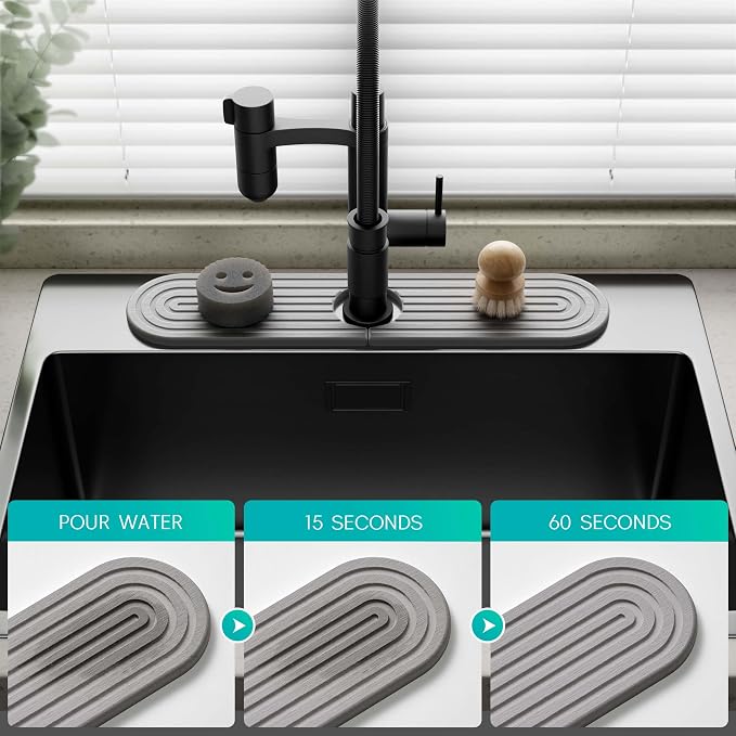 Stone Faucet Mat for Kitchen Sink – Diatomite Fast-Drying Stone Tray, Faucet Mat Sink Splash Guard, Decorative Sink Protector for Kitchen Bathroom Counter [Gray, 17.7''x3.9''] - Image 3