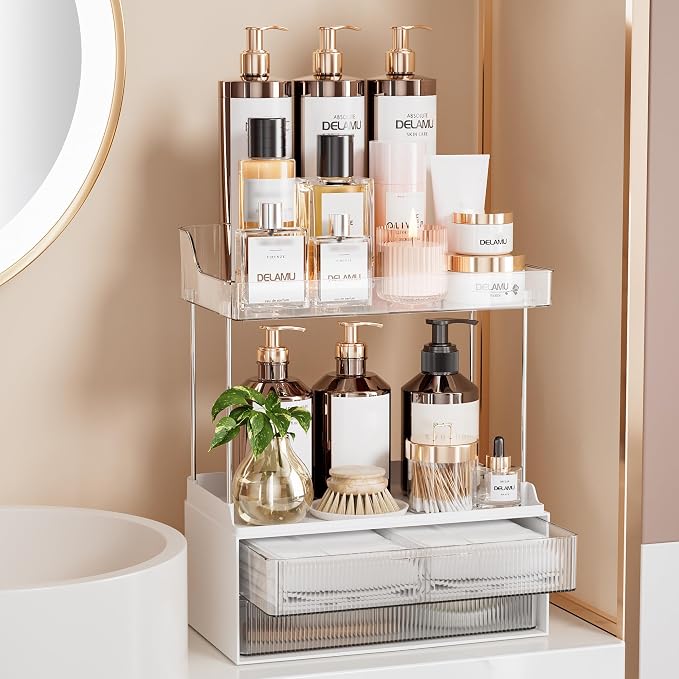 Delamu 4-Tier Makeup Organizer, Bathroom Counter Storage, 2 Drawers,Clear | Elegant Vanity Organizer Gift for Women, Holds Perfume, Skincare, Nail Polish & Hair Accessories for Bathroom Countertop by DELAMU