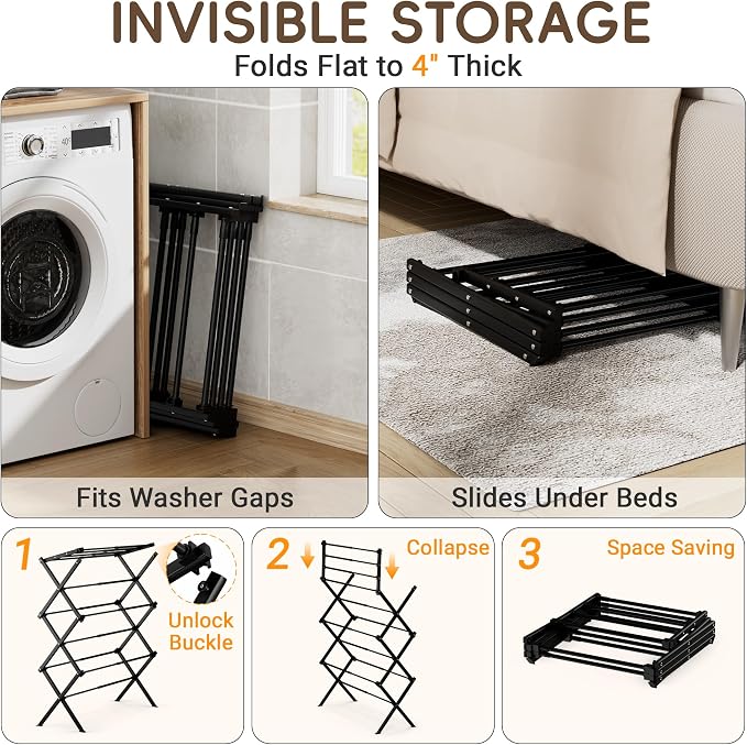 Foldable Clothes Drying Rack, Sleek Black for Modern Apartment | Sleek black for modern home, holds 35 lbs, rustproof carbon steel, indoor & outdoor, tool-free - Image 4