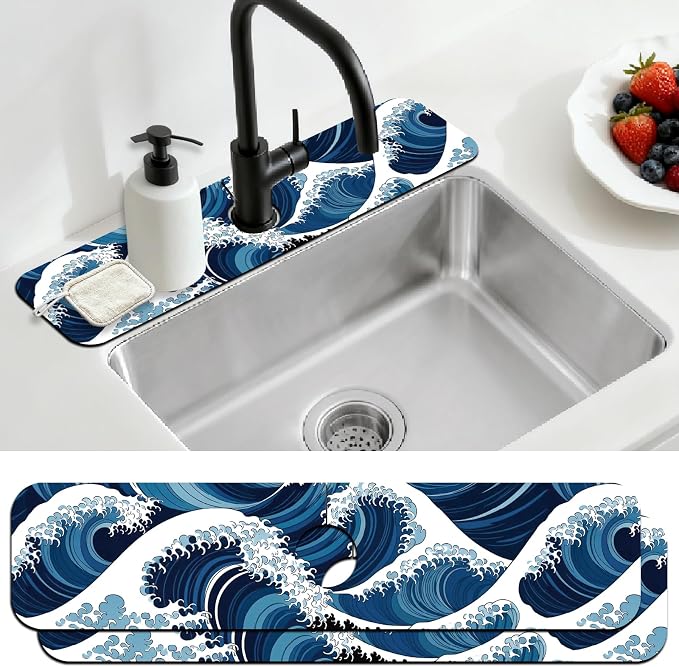2 Pcs The Ocean Kitchen Sink Splash Guard Faucet Mat The Waves Faucet Mat for Sinks Absorbing Drying Mats for Kitchen Bathroom, 23.6x5.5inch by CONCHLERY%E6%97%97%E8%88%B0%E5%BA%97