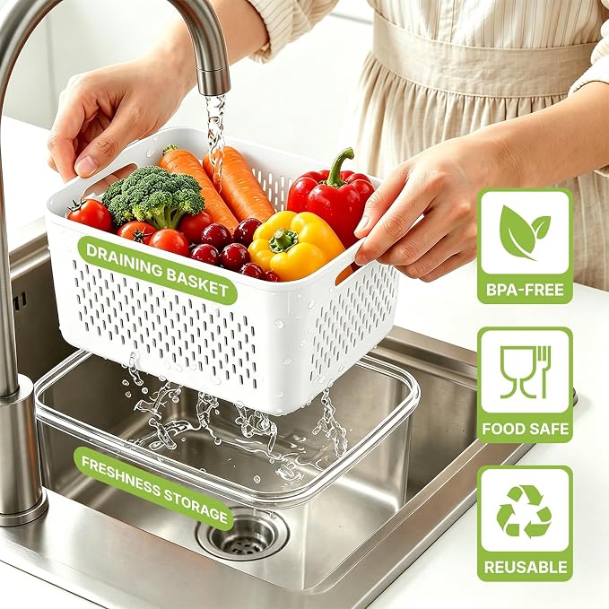 5 Pack Large Fruit Storage Containers for Fridge, Leakproof Produce Containers with Removable Colanders, Dishwasher Safe Fridge Organizers and Storage, Keep Berry, Vegetables Fresh Longer - Image 2