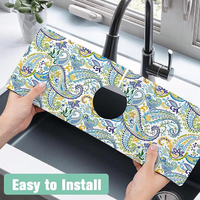 Kitchen Sink Splash Guard Faucet Mat 24" X 5.5" Paisley Absorbent Fast Drying Mat Faucet Draining Mat Sink Splash Guard Behind Faucet Drip Catcher for Kitchen Bathroom - Image 4