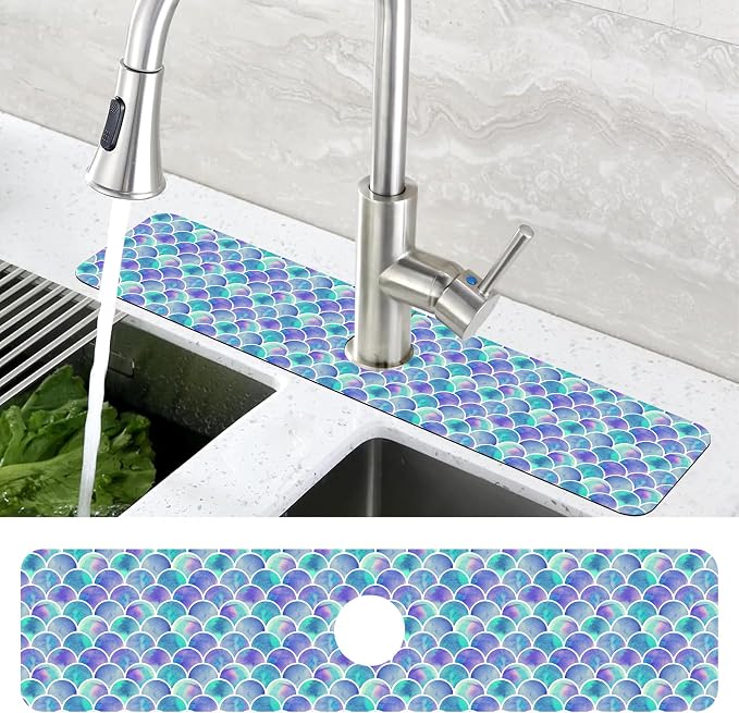 Watercolor Rainbow Scales Sink Faucet Absorbing Mat Sink Splash Guard Faucet Mat Draining Mat Fast Drying Sink Protectors for Kitchen and Bathroom 5.5"×24" - Image 4