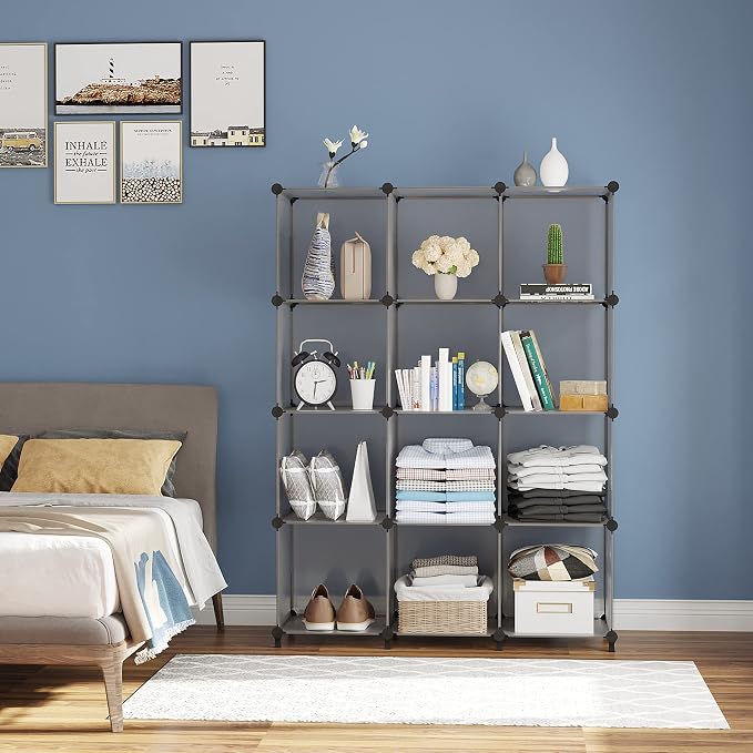 AWTATOS 12 Cube Storage Organizer, Closet Organizer Storage Shelves, Grey | Portable Closet Organizers, DIY Stackable Storage Cubes Shelves Bookshelf, Plastic Clothes Shelving for Home, Bedroom - Image 2