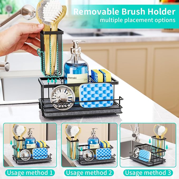 HapiRm Sink Caddy Sponge Holder - Kitchen Sink Organizer with Instant Drying Stone and Brush Holder, Stainless Steel Bathroom Counter Organizer - Black - Image 3