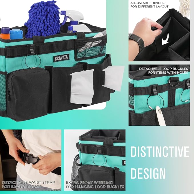 SCAVATA Wearable Cleaning Caddy Bag, Cleaning Caddy Supplies Organizer with Handle & Shoulder Straps for Housekeepers, Under Sink & Car Cleaning Tool Organizers with 4 Foldable Divider (Lake Blue) - Image 3