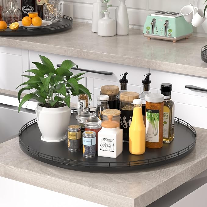 Oroyutor 24-Inch Extra Large Oak Lazy Susan with Black Metal Rail | Rotating oak tray organizes spices, toiletries and decor on kitchen counters, bathroom vanities, dining and coffee tables. - Image 5