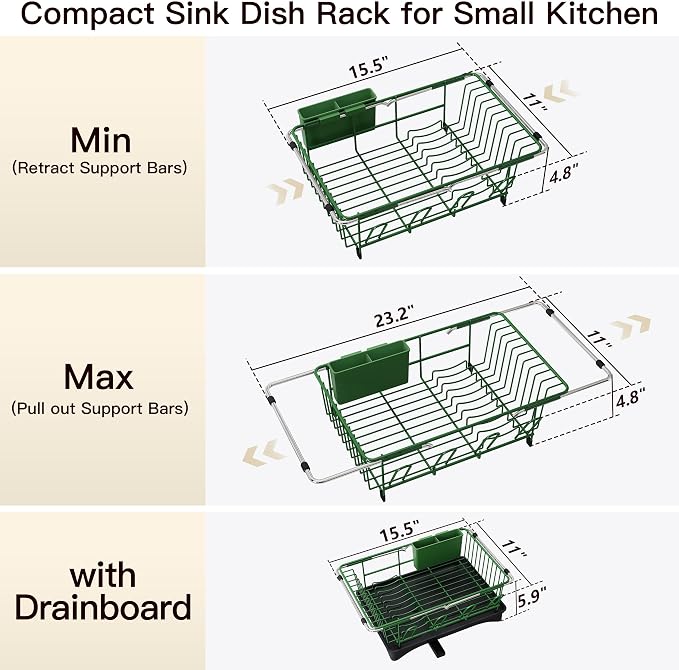 JASIWAY Green Dish Drying Rack in Sink with Drainboard and Utensil Holder | Use Over the Sink or Counter, Stainless Steel Expandable Dish Drainer for Small Kitchen, Space Saving, Fast Drain, Rustproof - Image 6