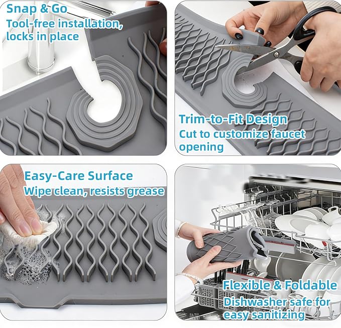 Silicone Faucet Handle Drip Catcher Beveled Drying Tray Mat Dish Soap Sponge Holder Accessories Gadgets for Kitchen Counter Bathroom Kitchen Sink Splash Guard (24") - Image 5