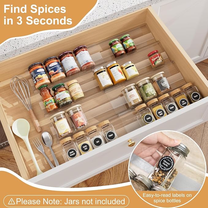 Adjustable Spice Rack Organizer for Drawer 4-Pack | Expandable Seasoning Storage (13" to 26") with Anti-Slip Mat, Acrylic Tiered Spice Tray for Condiment - Image 4