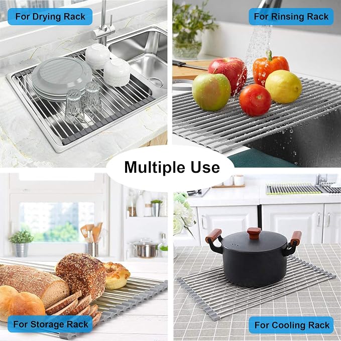 Searik Roll up Dish Drying Rack, Over The Sink Rolling Dish Drainer Rack Multipurpose Foldable Kitchen Stainless Steel Dish Rack Sink Drying Rack for Kitchen Sink Counter (17"x 15.7") - Image 5