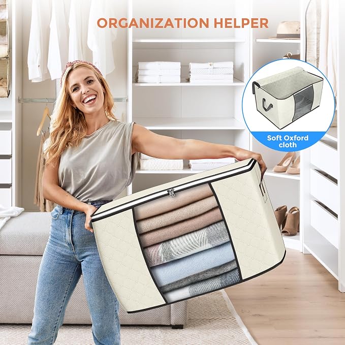 90L Large Storage Bags, 6 Pack Clothes Storage Bins Closet Organizers | Foldable Storage Containers, with Reinforced Handle, for Clothing, Blanket, Comforters, Bed Sheets, Pillows and Toys - Image 6