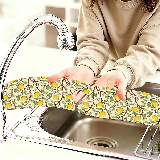 2 Pcs Kitchen Sink Splash Guard Faucet Mat Lemon Tree Pattern Faucet Mat for Sinks Flower Absorbing Drying Mats for Kitchen Bathroom - Image 6