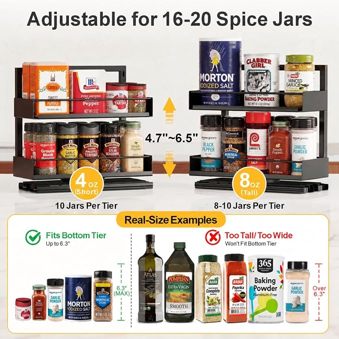 Pull Out Spice Rack - 2 Pack Swivel Spice Organizer for Cabinet | For Flat-Front Cabinets Only, Pull-Out Rotating Access, No-Drill Mount, Keeps Spices Visible Easy to Reach, Adjustable Height - Image 4