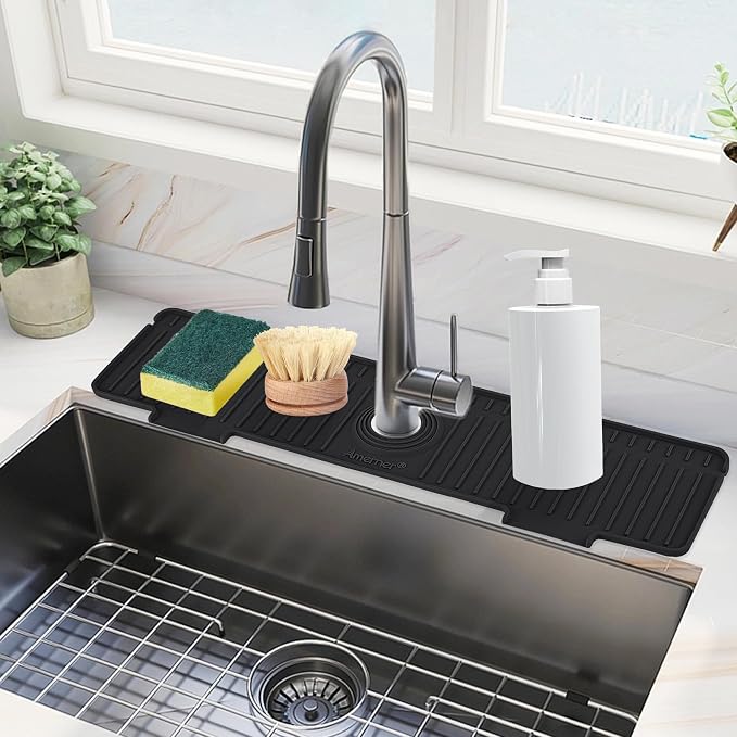 Kitchen Sink Splash Guard, 20 inch Silicone Faucet Guard & Draining Mat, 10° Large Slope Sink Faucet Mat Splash Guard, Bathroom Sink Organizer, Kitchen Sink Accessories Gadgets, 20 x 5.5”, Black by Amerner