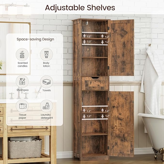 Iwell 67" Tall Storage Cabinet, Bathroom Cabinet with Drawer & Adjustable Shelves, Narrow Storage Cabinet, Floor Cabinet for Living Room, Home Office, Rustic Brown - Image 5