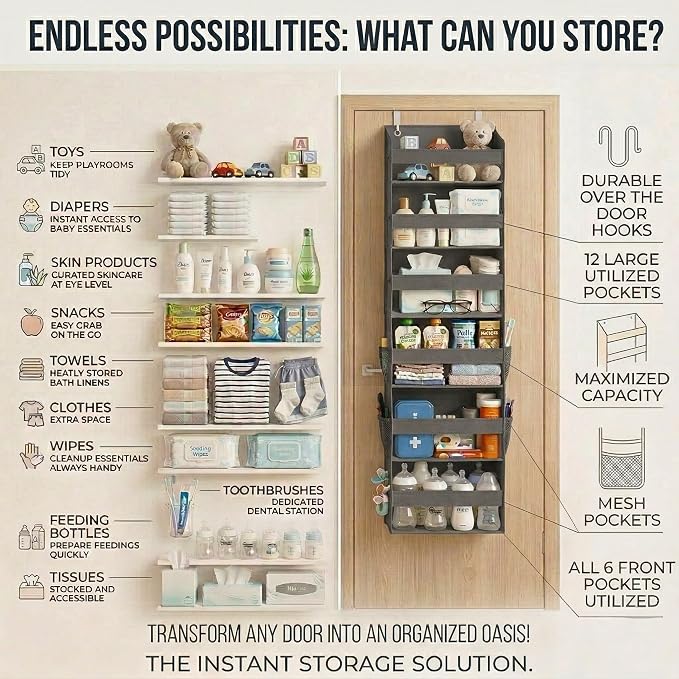 Over the Door Organizer, 6-Tier, 100D Fabric, Dark Gray 1pc | Over the door shoe organizer, 50 lbs capacity, 12 side mesh pockets, 100D extra thick fabric, Closet & entryway storage - Image 6