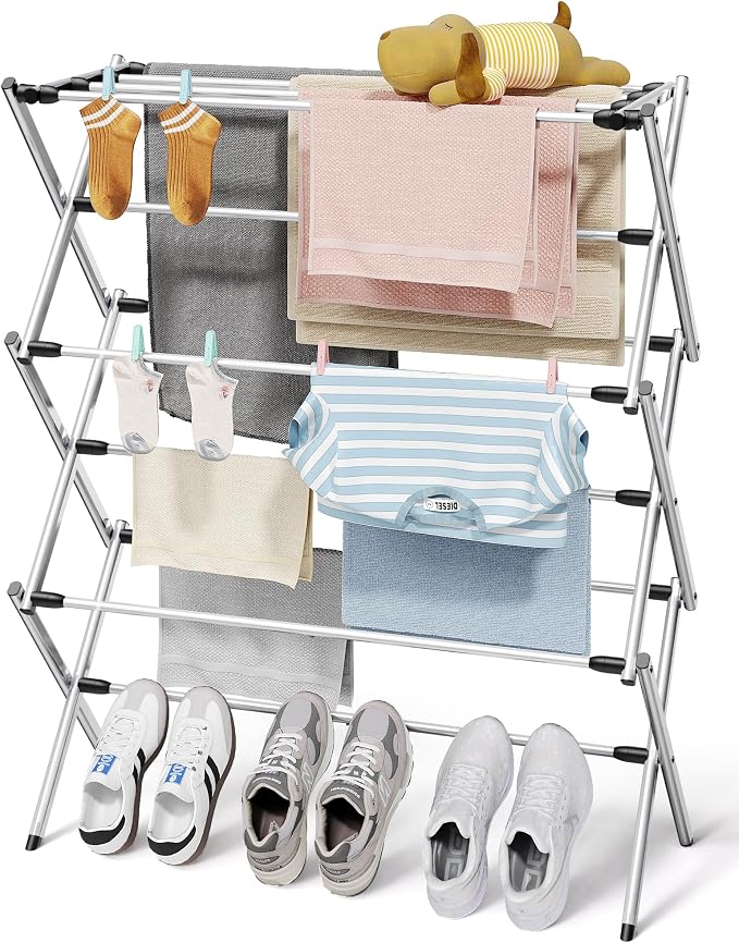 Sakugi Foldable 3-Tier Clothes Drying Rack 37.4" H with Non-Slip Feet | Indoor & Outdoor Use, Space Saving, Metal Frame, 11.4" D x 29.1" W, Silver by Sakugi