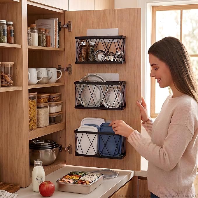 4 Pack Adhesive Cabinet Door Organizer, Rustproof Carbon Steel Lid Storage Holder,Inside cabinet door storage,Tumbler & Food Container Lid Rack,No Drill Storage Basket for Kitchen Cabinet & Bathroom - Image 6