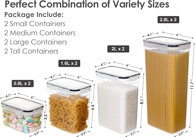 Airtight Food Storage Containers with Lids, 8 PCS | BPA-Free Kitchen Organizers with Lids, For Flour, Sugar & Cereal, Plastic Dry Food Canisters, Pantry Storage - Image 2
