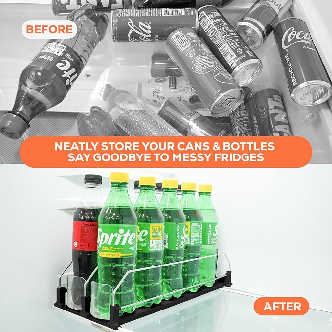 Upgraded Premium Drink Organizer for Fridge. Ultra Space Saving Soda Can Organizer for Refrigerator with Larger Stopper Height and Automatic Pusher with Locking Feature. Holds 10 Cans (2 Rows, Black) - Image 5