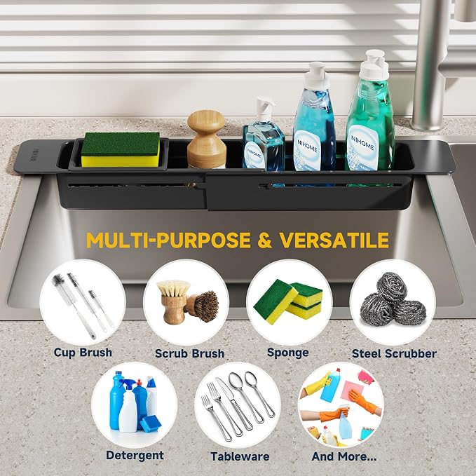 NiHome Extendable Kitchen Sink Caddy Extra Long Brush Sponge Storage Holder | Expandable Kitchen In Sink Organizer Extra Long for Brush & Sponge with Drainage, Adjustable Length, Non-Slip Pads (Black) - Image 7