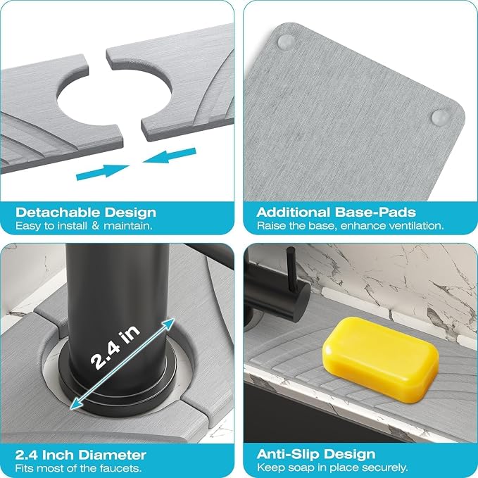 SpaceHacks Stone Faucet Mat for Kitchen Sink 23.7x4 in, Light Gray | Fast Drying Diatomite Stone Drying Mat, Water Splash Guard, Textured Drainage Sink Protector, Suits Bathroom&Kitchen Counter - Image 5