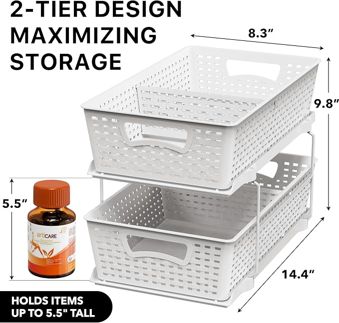 Simple Houseware 2 Tier Pull-Out Sliding Drawer Under Sink Storage, White | Great for Kitchen Bathroom Tray Shelf Organizer - Image 2