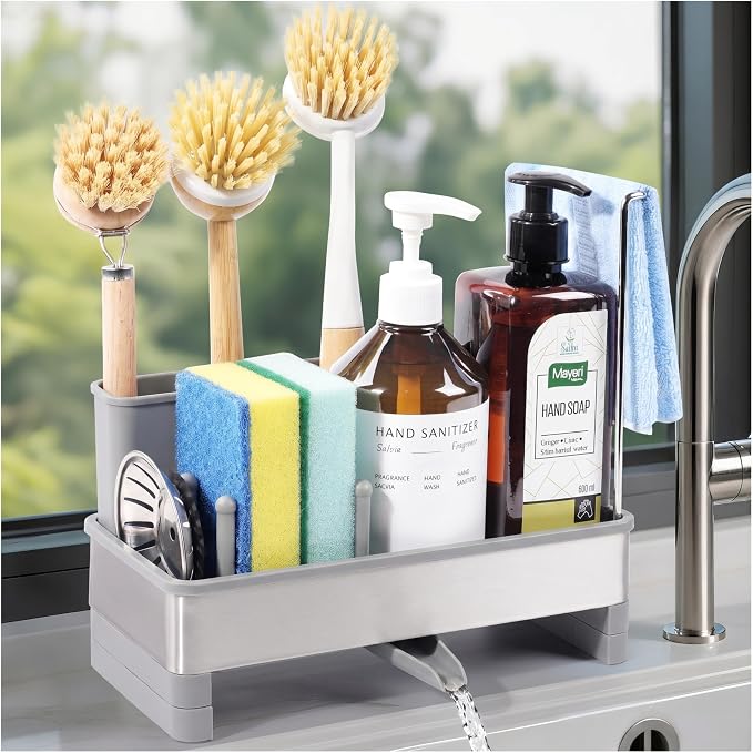 Sponge Holder for Kitchen Sink Caddy Organizer, Dish Brush Holder | Stainless Steel Sponge Caddy for Kitchen Countertop Organizer, Rustproof Dish Soap and Sponge Rack with Dishcloth Drying Rack by Unknown