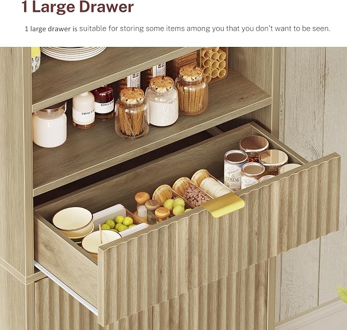 Tall Storage Cabinet with Adjustable Shelf & Drawer, Fluted Cabinet with Doors, Kitchen Pantry Cabinets, Bathroom Storage Cabinets, for Living Room, Entryway, Home Office, Natural - Image 5