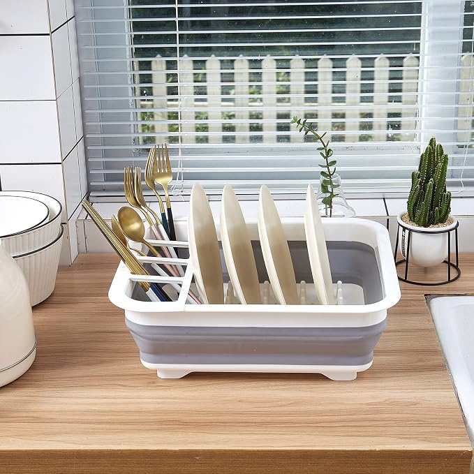 Goderewild Collapsible Dish Rack with Drainboard for Drying Dishes - Space-Saving Foldable Design with Dinnerware Storage Tray/Basket - Perfect for Kitchen Counter Organization - Image 5
