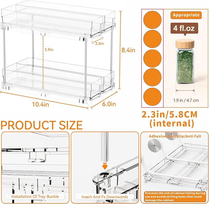 2 Tier Sliding Spice Racks for Cabinets,2 Pack 10.4'' Deep Narrow Vertical Spice Rack Pull Out for Inside Cabinets,Kitchen,Pantry,Cupboard Seasoning,Jar Organizer and Medicine Cabinet Storage - Image 3