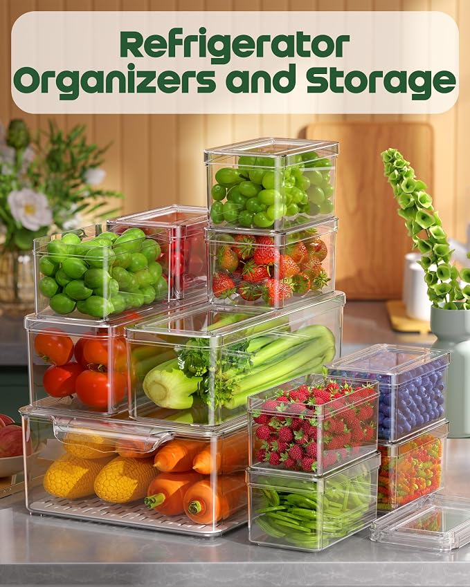 KEMETHY 11 Pack Refrigerator Organizers and Storage, Stackable Fridge Organizer Bins, BPA-Free Clear Plastic Fruit Storage Containers for Fridge, Kitchen, Fruits, Drinks, Produce, Vegetable - Image 6