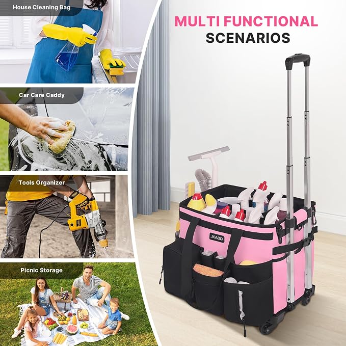 JKAOO Large Rolling Cleaning Caddy Bag with Detachable Trolley, Pink | Waterproof Cleaning Caddy with Wheels, 40L Wheeled Organizer Cart for Supplies, Housekeepers, Home, Office, Car, Picnic - Image 7