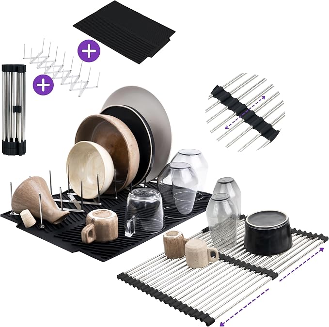 3-in-1 Over Sink Dish Drying Rack – Roll-Up Sink Rack, Silicone Mat & Folding Dish Rack – Multi-Functional, Space-Saving Kitchen Organizer (Black) by Detoiito