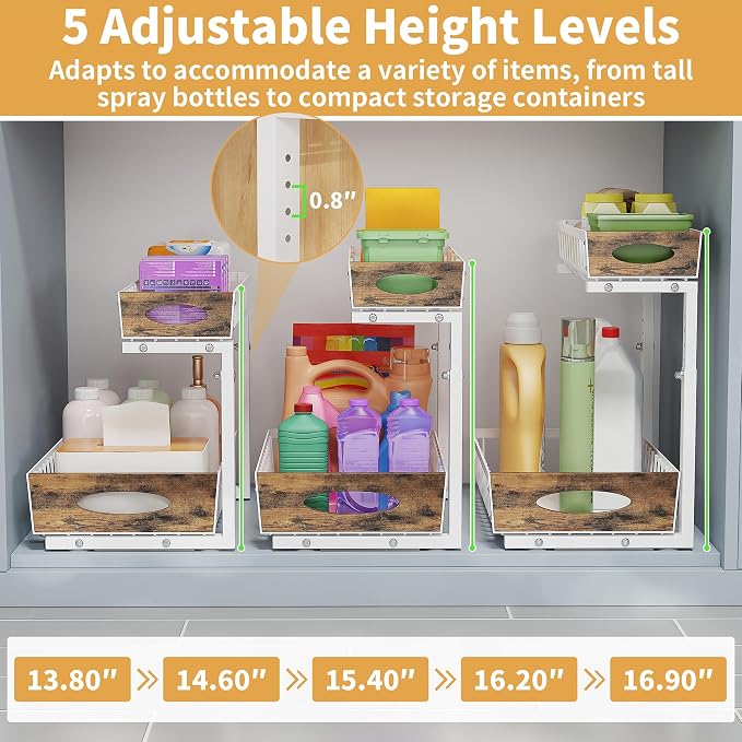 2 Pack Reinforced Metal Under Sink Organizer with Sliding Drawer, L-Shaped Adjustable Height Pull Out Cabinet Organizer with Wooden Handle, Under Bathroom Sink Storage for Kitchen, Pantry, White - Image 4