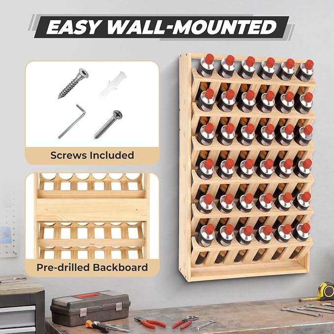 Sidasu Spray Can Storage Rack, 36-Can Wall Mount Spray Can Holder | 6-Tier Design, Wooden Spray Bottle Holder, DIY Paintable, Paint Can Organizer for Garages and Workshops - Image 6