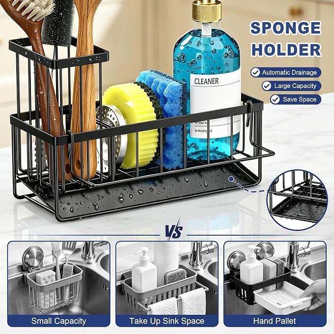 Sponge Holder for Kitchen Sink, Kitchen Sink Caddy, Kitchen Sink Sponge Holder, Dish Sponge Holder, Kitchen Sink Organizer for Sponge, Dish Brush, Scrubber(9.65" x 3.74" x 6.3", Black) - Image 4