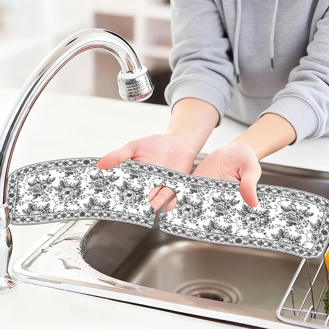2 Pcs Black Flower Kitchen Sink Splash Guard Faucet Mat | Black Sketch Flowers Pattern Faucet Mat for Sinks Absorbing Drying Mat for Kitchen Bathroom 23.6x5.5in - Image 6
