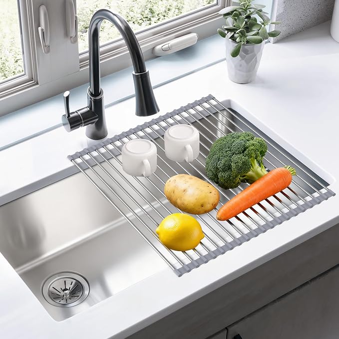 Dish Drying Rack, Roll Up Over The Sink Dish Drying Rack for Kitchen,17.5" x 15.7", Gray - Image 2