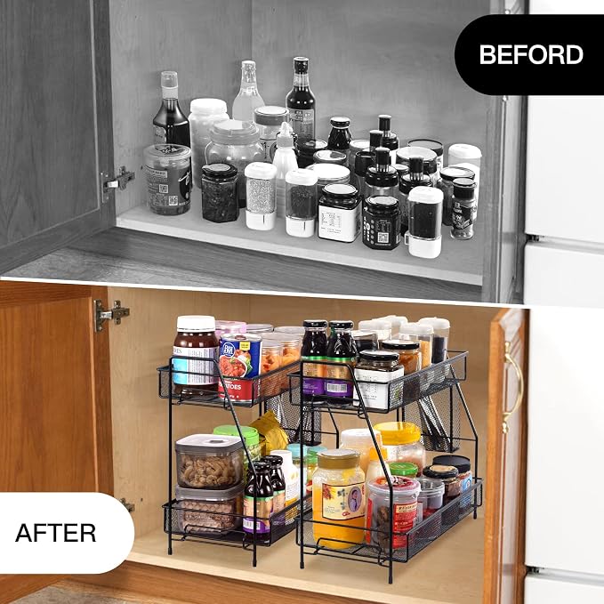 Large Countertop Organizer for Bathroom Counter, Bathroom Organizers and Storage, Under Sink Organizer Spice Rack Organizer for Kitchen with Basket(Black) - Image 7